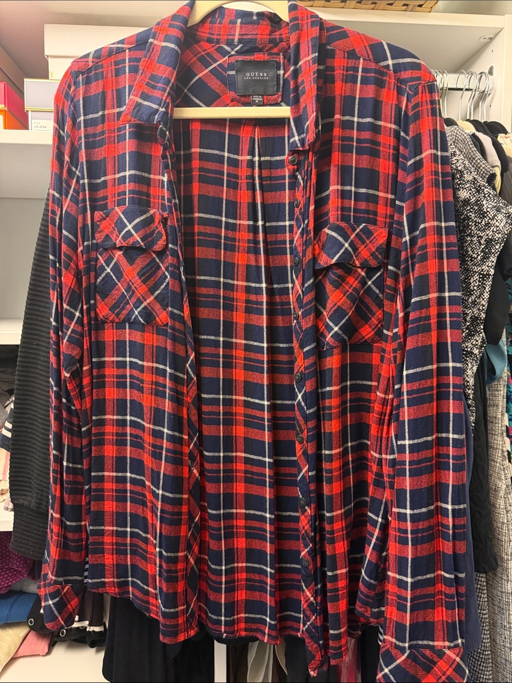 GUESS Red and Navy Plaid Button-Front Shirt Jacket